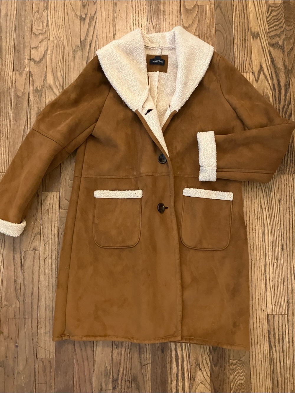 Lands' End Tan Suede Trench Coat with Cream Shearling Trim size large